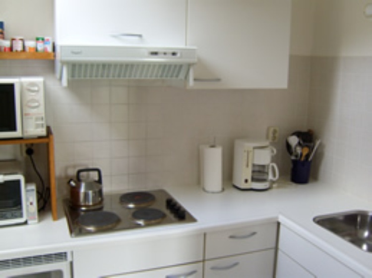 Küche mit Kühlschrank und kleinem Gefrierfach, Mikrowelle, Minibackofen,