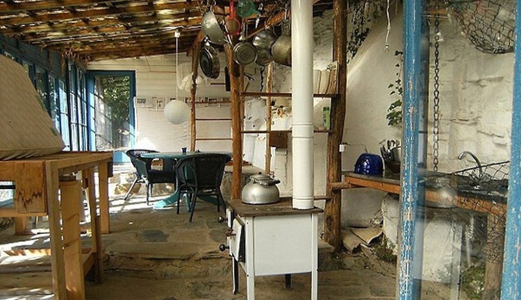 Blick von vorn über Koch-, Wohn-, Schlafbereich nach hinten auf die idyllische Waldterrasse