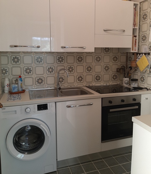 Voll ausgestattete Küche mit Waschmaschine, Induktionskochfeld, Elektroofen, Mikrowelle, Minipimer,